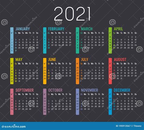 Year 2021 Calendar Vector Template Stock Vector Illustration Of