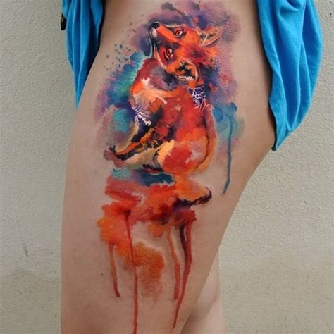 Watercolor Fox Tattoo Design For Thigh