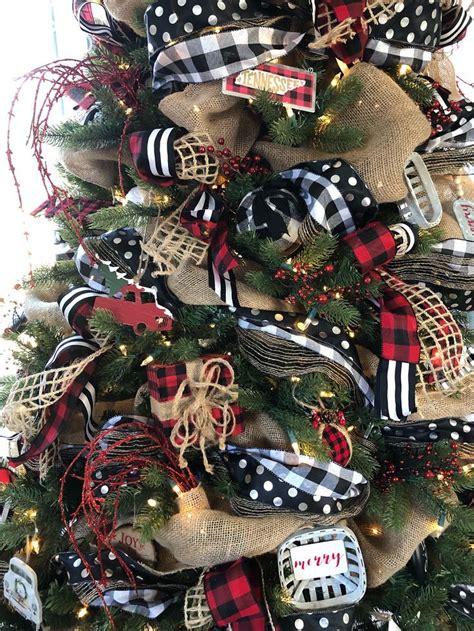 Buffalo Check Christmas Tree With Red Black And White Ribbon And Cute