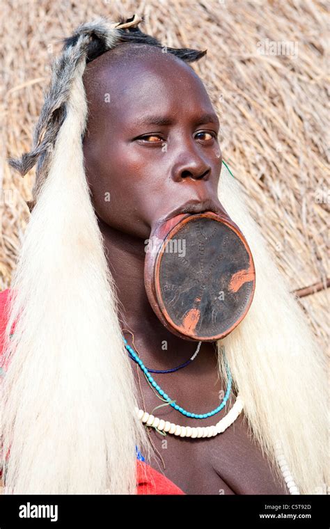 portrait of a mursi tribeswoman wearing a lip plate in mago national park in the lower omo