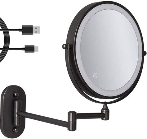 8 inch wall mounted makeup mirror black usb rechargeable double sided with 3 color led lights