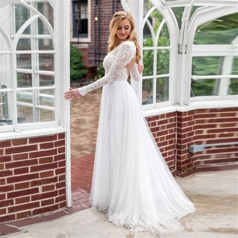 Lorie Long Sleeve Wedding Dress Lace Top V Neck Tulle Skirt Backless