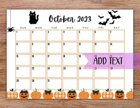 Editable Printable October Calendar 2023 Halloween Calendar Etsy Denmark