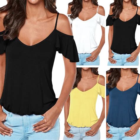 Sexy Cold Shoulder Women T Shirts Strapless V Neck Tops Tees Female Harness Strapless Ruffles