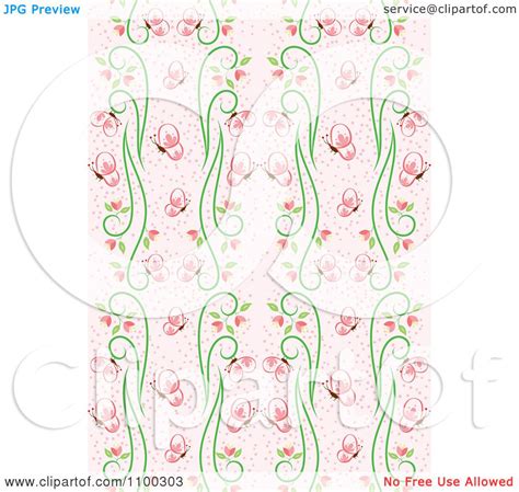 Clipart Seamless Pink And Green Butterfly And Vine Floral Background