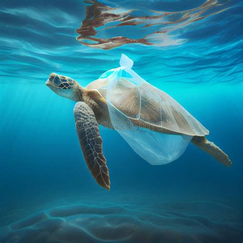 Sea Turtle Swimming With Plastic Bag Plastic Pollution In Ocean Stock