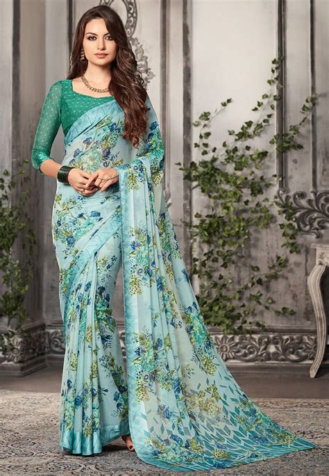 digital printed chiffon saree in pastel blue in 2021 stylish sarees casual saree chiffon saree