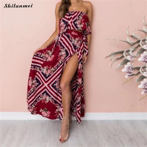 Sexy Two Pieces Set Beach Vestidos Women Off Shoulder Sleeveless Floral Print 2018 Summer Dress