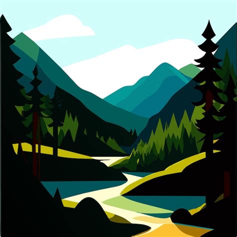 Premium Vector Nature Scene With River And Hills Forest And Mountain