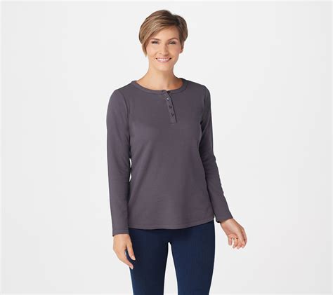 Denim And Co Essentials Long Sleeve Button Henley Waffle Knit Top