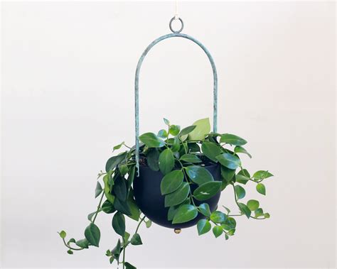 Hanging Planter With Drainage And Brass Patina Handle Etsy