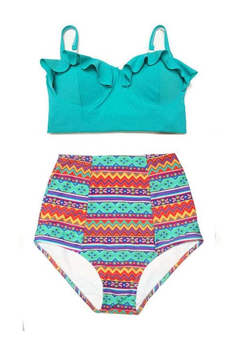 Mint Midkini Top And Colorful Aztec Tribute Bottom Shorts Bikini