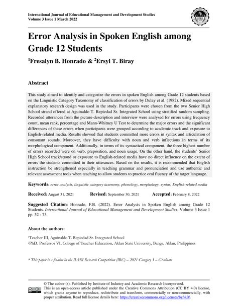 PDF Error Analysis In Spoken English Among Grade 12 Students