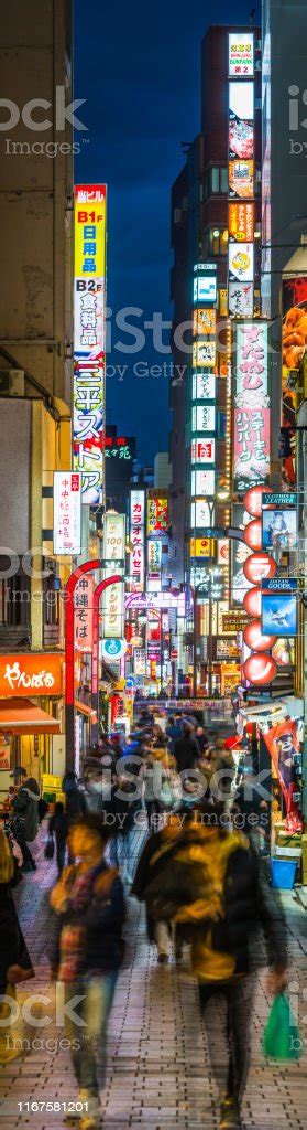Japan Neon Night Colorful Crowded Alleyways Kabukicho Shinjuku Panorama