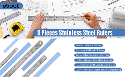 Eboot Stainless Steel Ruler Metal Ruler With Conversion Table 15 Inch