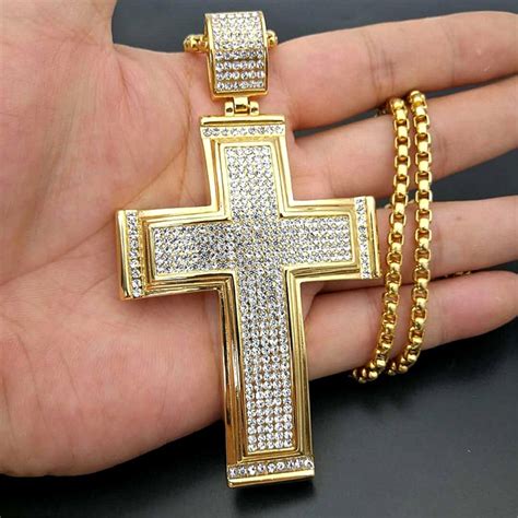 Mens Necklace Big Cross Pendant With Stainless Steel Chain And Iced