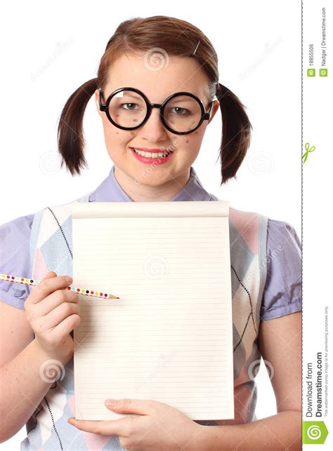 Geeky Teenage Girl With Notepad Stock Photo Image Of Happy Notepad