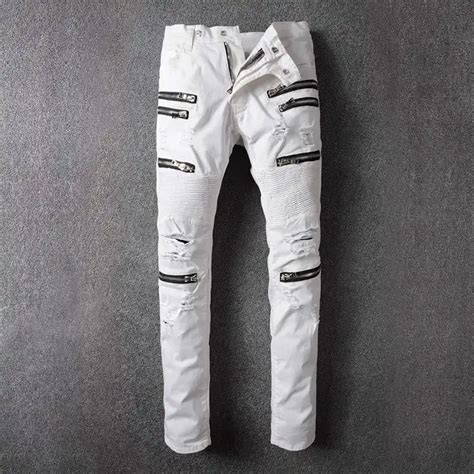 Famous Brand Designer White Ripped Denim Pant Knee Hole Zipper Biker Jeans Men Slim Skinny