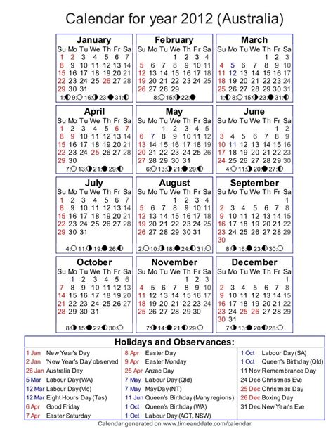 Year 2012 calendar - australia