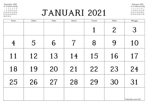 Kalender Januari 2021 Newstempo