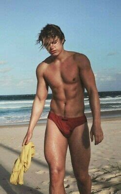 Shirtless Male Muscular Shaggy Blond Hair Speedo Beach Swim Hunk Photo