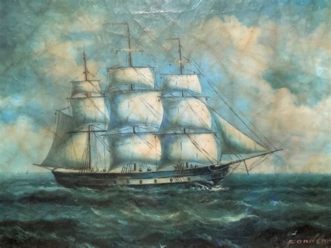 Original Seascape Oil Painting Of An 18thc Tall Masted Ship On The High