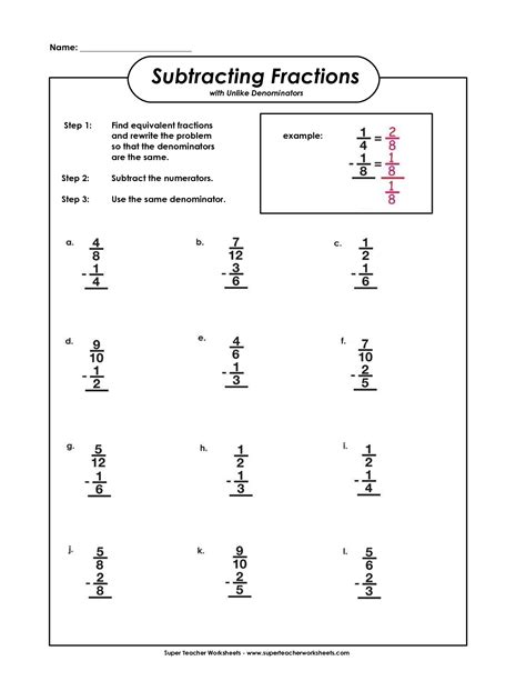 Adding fractions, uncommon denominators this math worksheet shows your child how to add fractions without common denominators and · in order to add and subtract fractions with unlike denominators, you have to convert them into fractions with like denominators and corresponding. Subtracting fractions with unlike denominators | Math | Pinterest | Math, School and Teacher