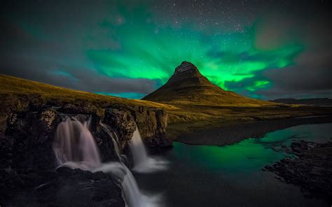 Aurora Borealis Northern Lights Night Green Stars Landscape Waterfall