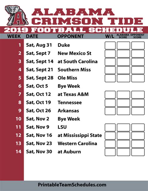 Printable Alabama Football Schedule 2019 Times Tutoreorg Master Of