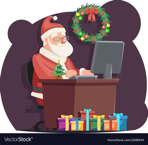 Office Santa Claus Sit Computer Work Table Vector Image