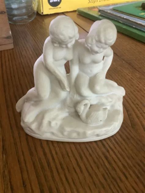 VINTAGE RARE WHITE Bisque Porcelain Nude Girls Sitting With Swan Made