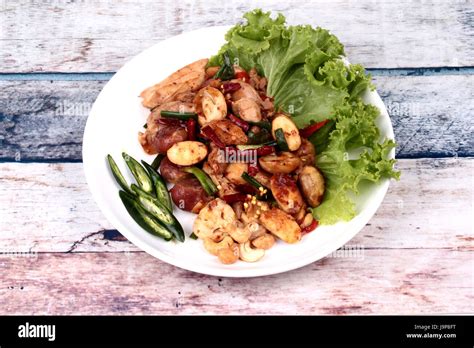 Thai Recipe Spicy Fried Jackfruit Seeds And Chicken With Roasted