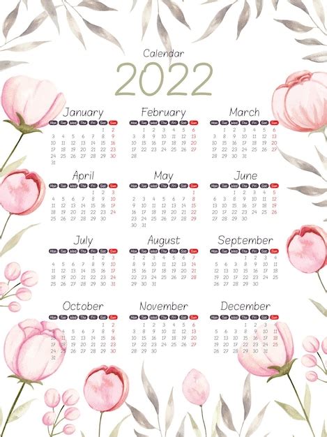 Calendario De Acuarela 2022 Flores Y Hojas Vector Premium