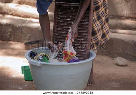 Horizontal Photography African Girl Washing Laundry Stock Photo Edit