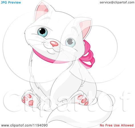Cartoon Of A Cute White Kitty Cat Sitting And Wearing A Pink Bow