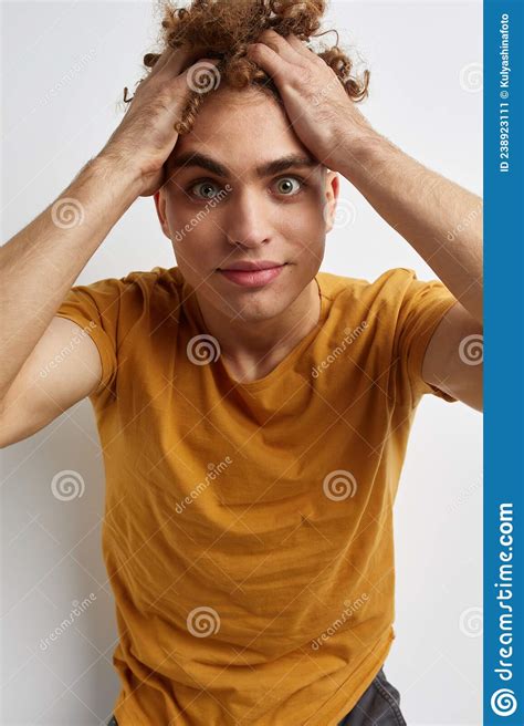 Handsome Guy In Yellow T Shirts Gesture Hands Emotions Lifestyle