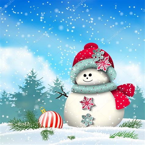 Cute Snowman In Snowy Winter Landscape Illustration Stock Vector Image