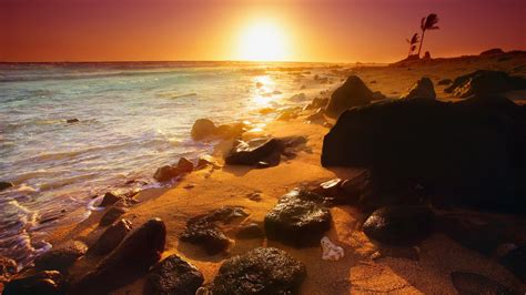 Wallpaper Sunlight Sunset Sea Rock Shore Beach Sunrise Evening