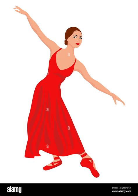 Hermosa Dama Bailarina En Un Vestido Largo Rojo Dibujo A Mano Vector
