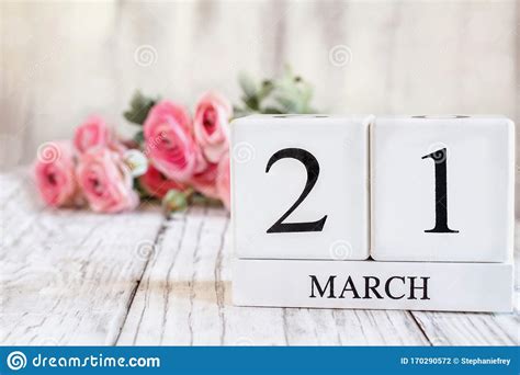 March 21 Calendar Blocks With Pink Ranunculus In Background Stock Photo