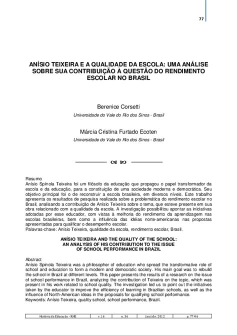 Pdf Anísio Teixeira E A Qualidade Da Escola Uma Análise Sobre Sua Contribuição À Questão Do