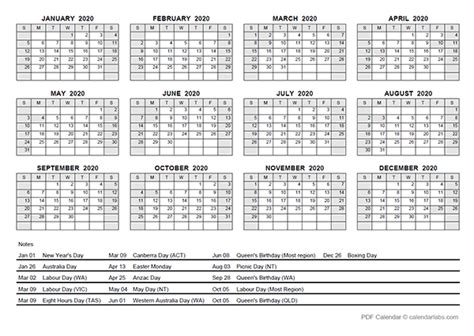2020 Yearly Calendar With Australia Holidays Free Printable Templates