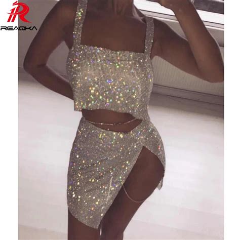 2018 Sexy Metal Chain Crystal Diamonds Sequins Dress Two Pieces Novelty Split Backless Christmas