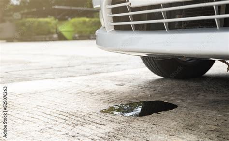 Old Engine Oil Stains Of Car Leak Under The Car On The Road Stock Photo
