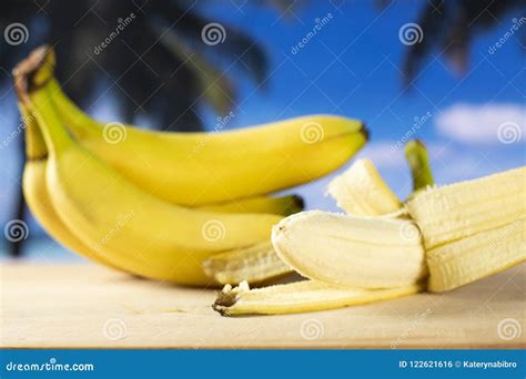 Fresh Yellow Banana With Palm Beach Behind Stock Photo Image Of Open