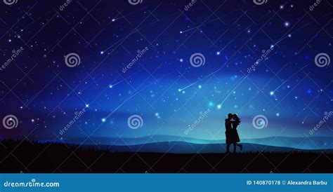 Couple Silhouettes Under Meteor Shower Night Sky With Stars Stock