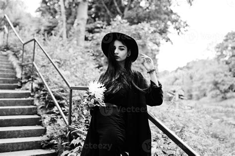 Sensual Girl All In Black Red Lips And Hat Goth Dramatic Woman Black And White Portrait