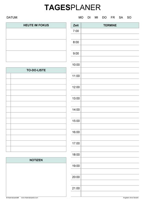 Tagesplaner Im Pdf Format Kalenderpedia