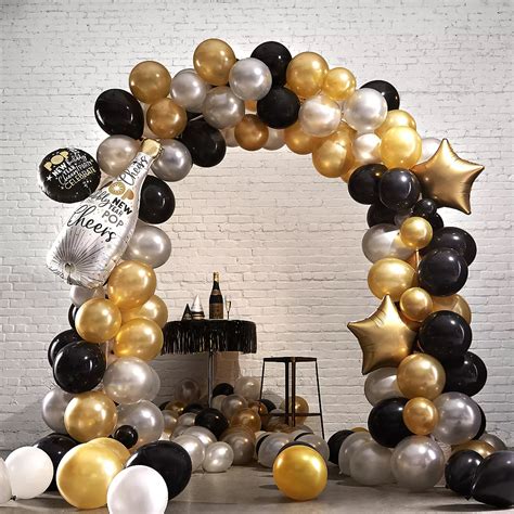 Air Filled Black Gold And Silver New Years Eve Balloon Arch Kit Party