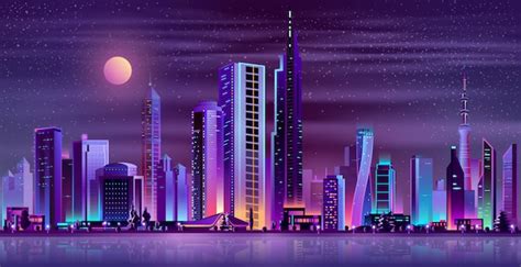 Free Vector Modern City Night Landscape Neon Cartoon